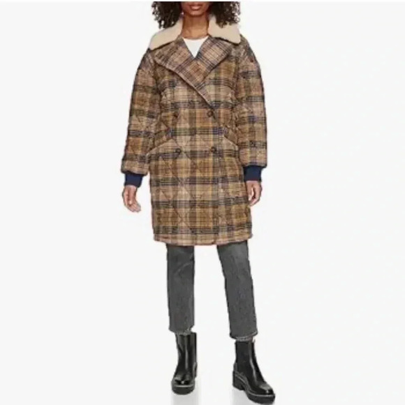 Levi's Checkered Wool-Blend Puffer Coat - Brown and Navy - Picture 5 of 14